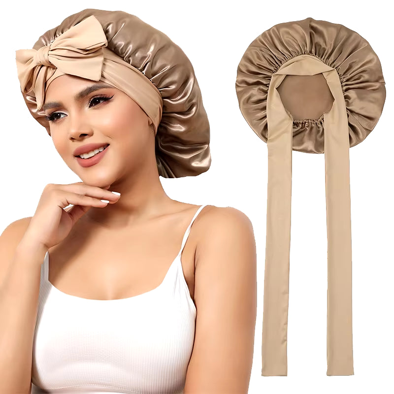 New Double Layer Satin Bonnet with Wide Stretch Ties Long Hair Care Women Night Sleep Hat Adjustable Hair Styling Cap Shower Cap